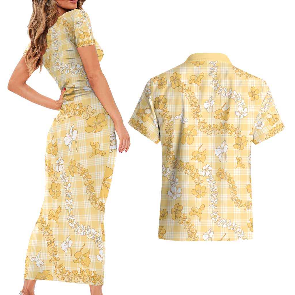 Melemele Aloha Hawaii Couples Matching Short Sleeve Bodycon Dress and Hawaiian Shirt Plumeria Lei With Palaka Motif LT14 - Polynesian Pride