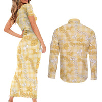 Melemele Aloha Hawaii Couples Matching Short Sleeve Bodycon Dress and Long Sleeve Button Shirt Plumeria Lei With Palaka Motif LT14 - Polynesian Pride