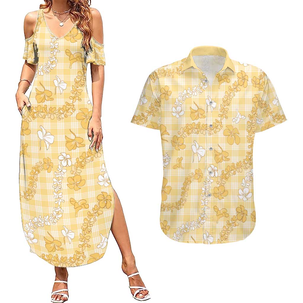 Melemele Aloha Hawaii Couples Matching Summer Maxi Dress and Hawaiian Shirt Plumeria Lei With Palaka Motif LT14 Yellow - Polynesian Pride