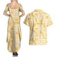 Melemele Aloha Hawaii Couples Matching Summer Maxi Dress and Hawaiian Shirt Plumeria Lei With Palaka Motif LT14 - Polynesian Pride