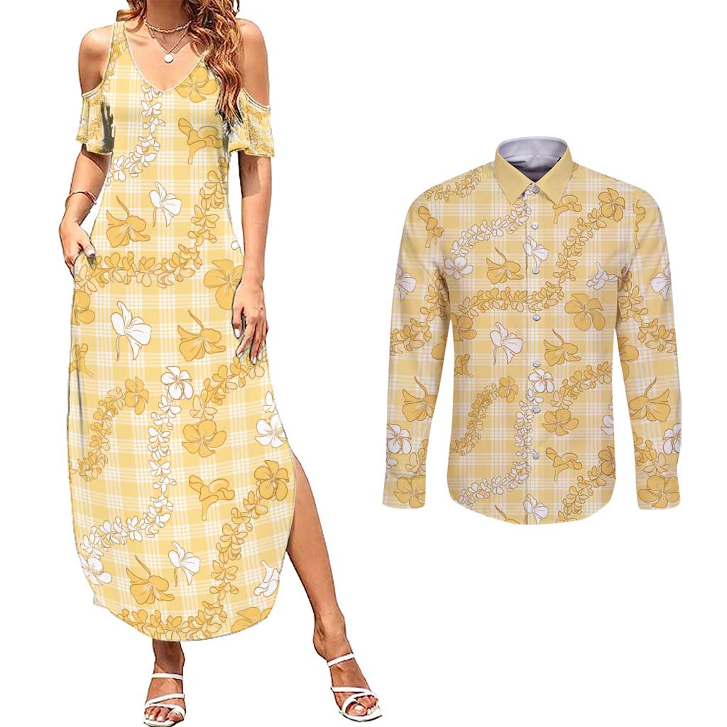 Melemele Aloha Hawaii Couples Matching Summer Maxi Dress and Long Sleeve Button Shirt Plumeria Lei With Palaka Motif LT14 Yellow - Polynesian Pride