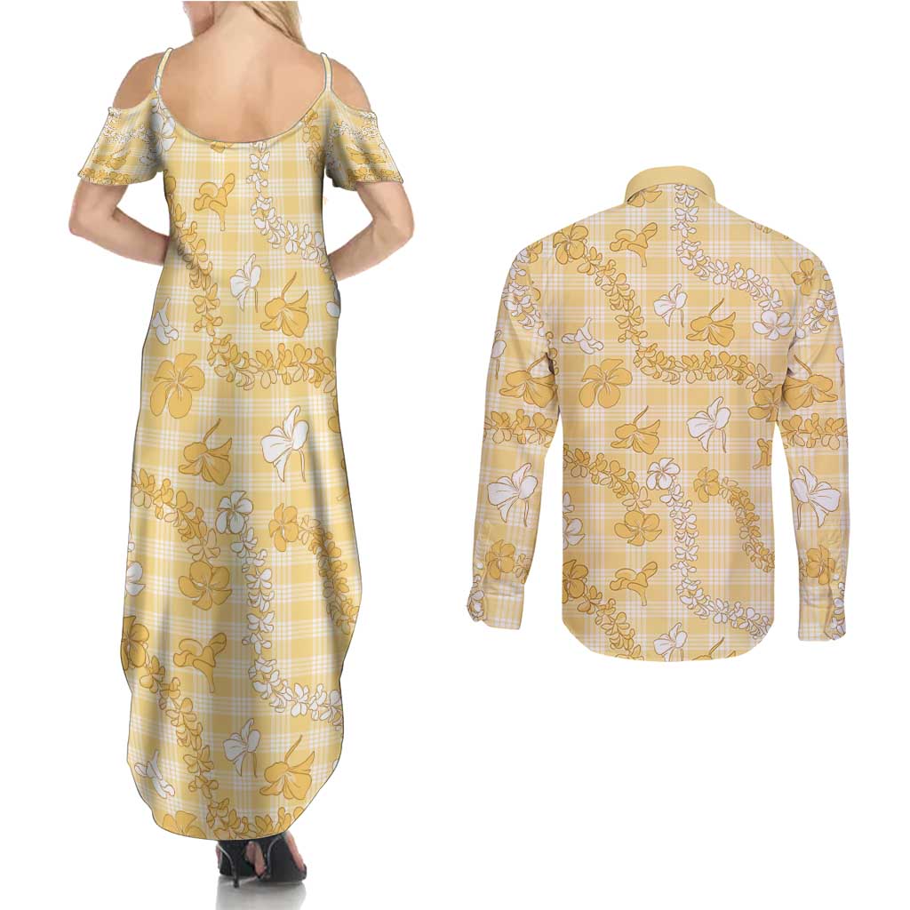 Melemele Aloha Hawaii Couples Matching Summer Maxi Dress and Long Sleeve Button Shirt Plumeria Lei With Palaka Motif LT14 - Polynesian Pride