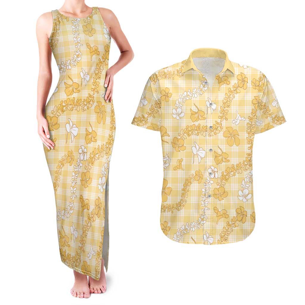 Melemele Aloha Hawaii Couples Matching Tank Maxi Dress and Hawaiian Shirt Plumeria Lei With Palaka Motif LT14 Yellow - Polynesian Pride