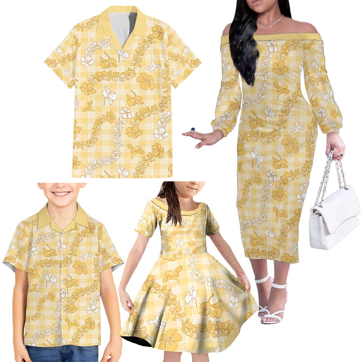 Melemele Aloha Hawaii Family Matching Off The Shoulder Long Sleeve Dress and Hawaiian Shirt Plumeria Lei With Palaka Motif LT14 - Polynesian Pride