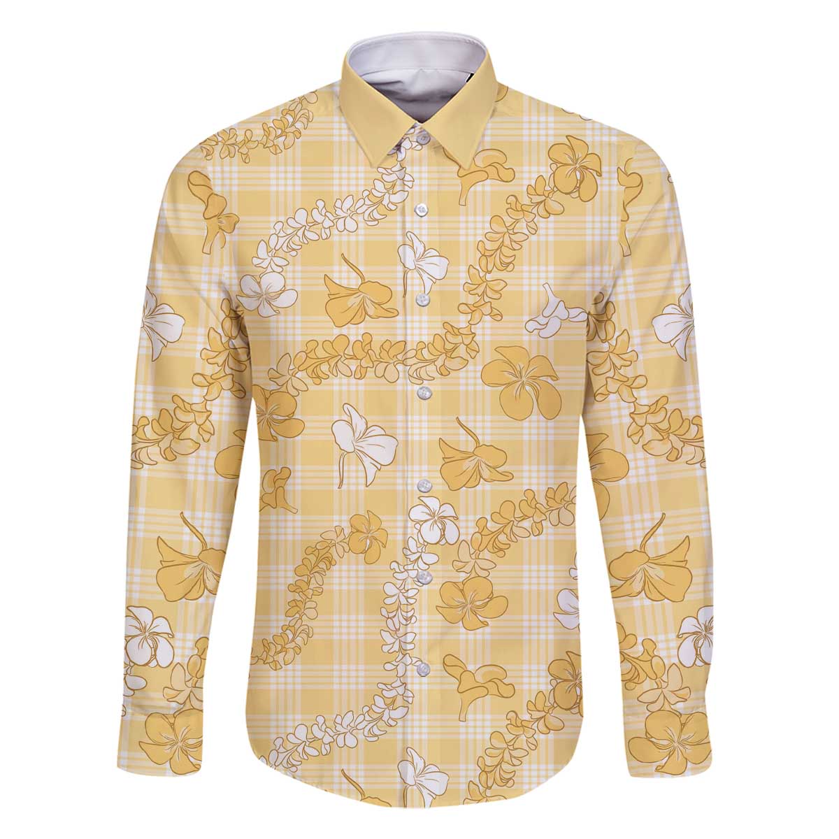 Melemele Aloha Hawaii Family Matching Off The Shoulder Long Sleeve Dress and Hawaiian Shirt Plumeria Lei With Palaka Motif LT14 Dad's Shirt - Long Sleeve Yellow - Polynesian Pride