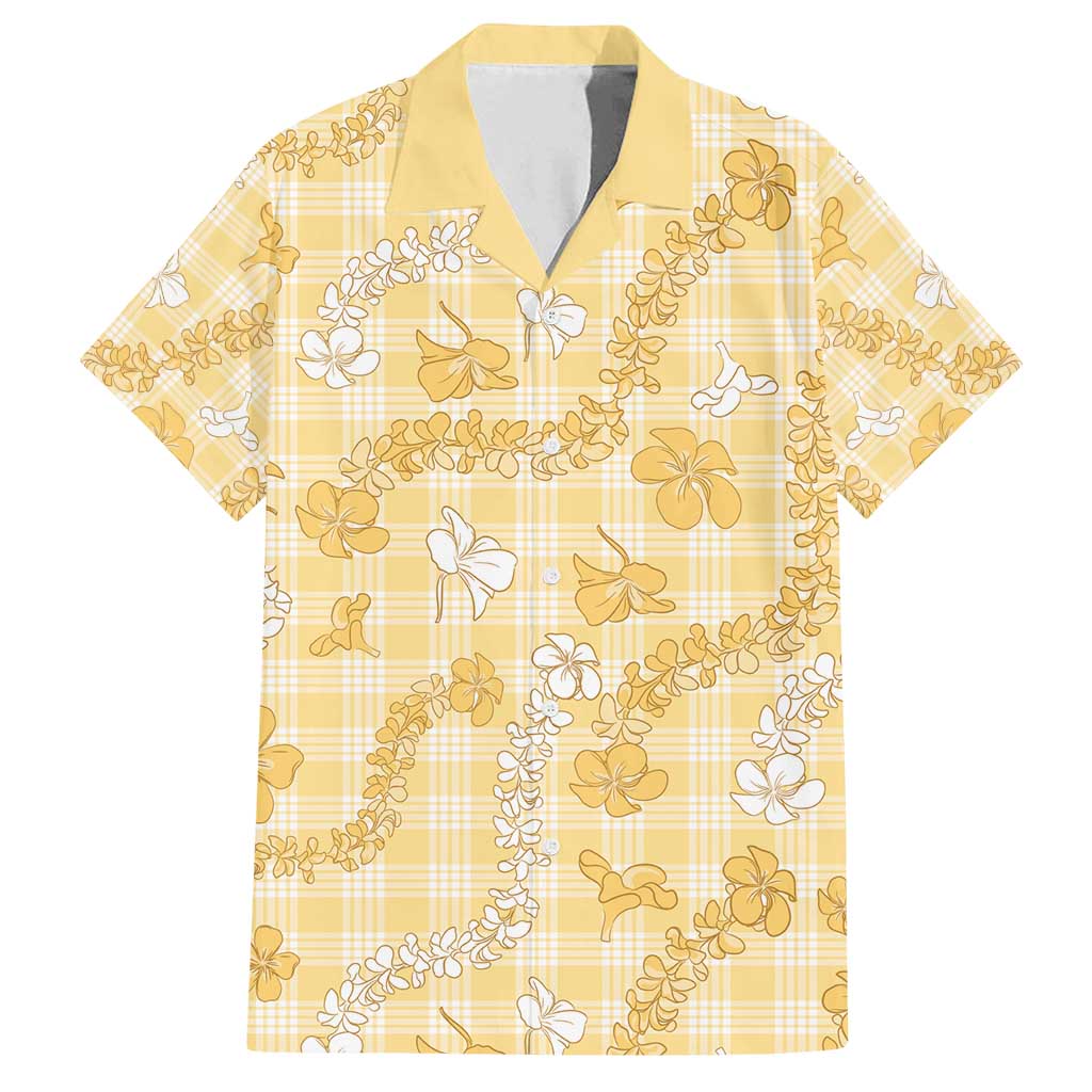 Melemele Aloha Hawaii Family Matching Off Shoulder Maxi Dress and Hawaiian Shirt Plumeria Lei With Palaka Motif LT14 Dad's Shirt - Short Sleeve Yellow - Polynesian Pride