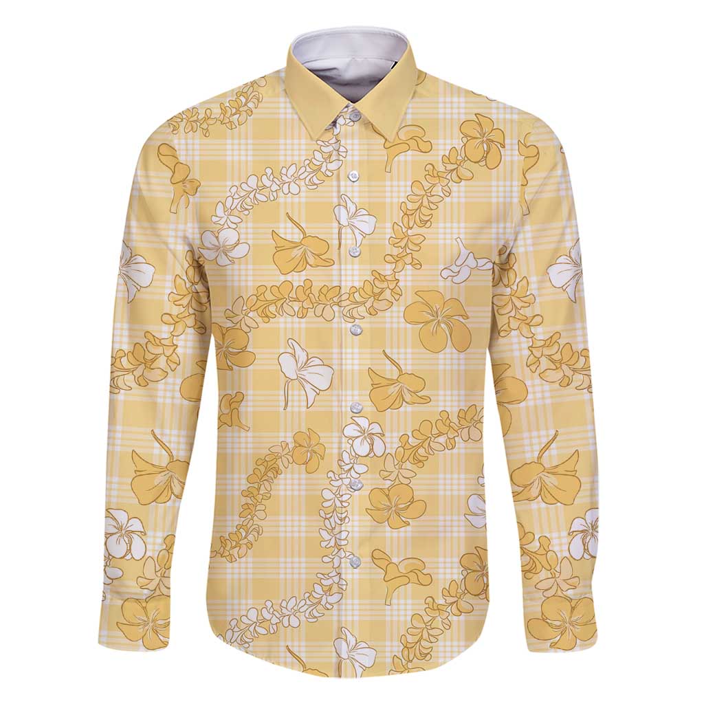 Melemele Aloha Hawaii Family Matching Off Shoulder Maxi Dress and Hawaiian Shirt Plumeria Lei With Palaka Motif LT14 Dad's Shirt - Long Sleeve Yellow - Polynesian Pride