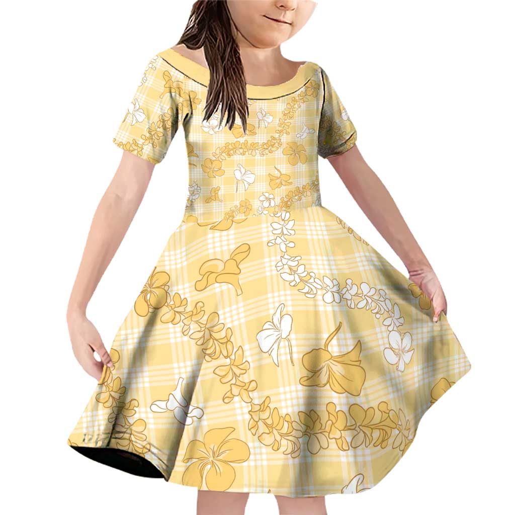 Melemele Aloha Hawaii Family Matching Off Shoulder Short Dress and Hawaiian Shirt Plumeria Lei With Palaka Motif LT14 Daughter's Dress Yellow - Polynesian Pride