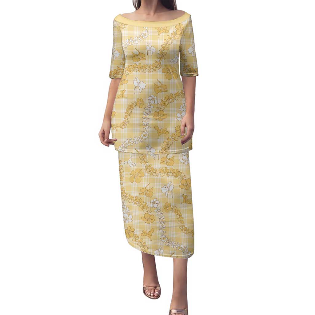 Melemele Aloha Hawaii Family Matching Puletasi and Hawaiian Shirt Plumeria Lei With Palaka Motif LT14 Mom's Dress Yellow - Polynesian Pride