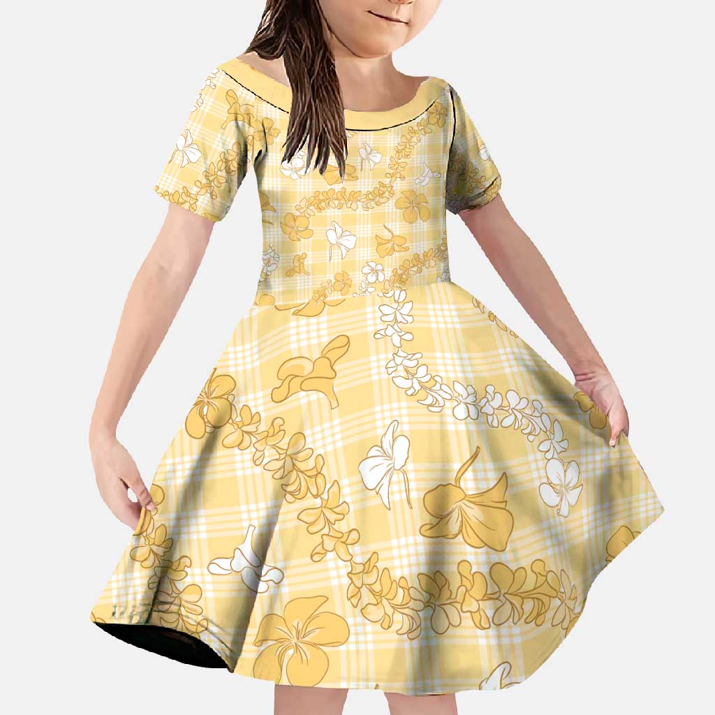 Melemele Aloha Hawaii Family Matching Short Sleeve Bodycon Dress and Hawaiian Shirt Plumeria Lei With Palaka Motif LT14 Daughter's Dress Yellow - Polynesian Pride