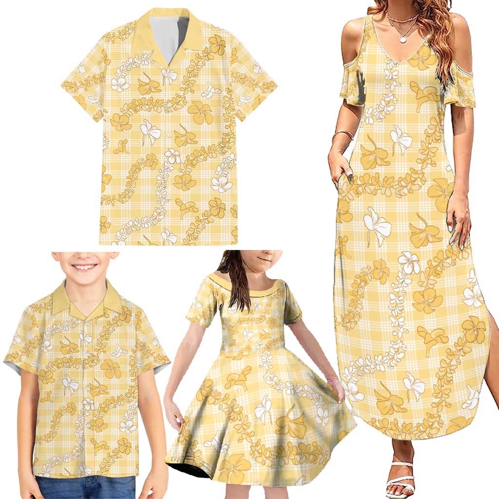 Melemele Aloha Hawaii Family Matching Summer Maxi Dress and Hawaiian Shirt Plumeria Lei With Palaka Motif - Polynesian Pride
