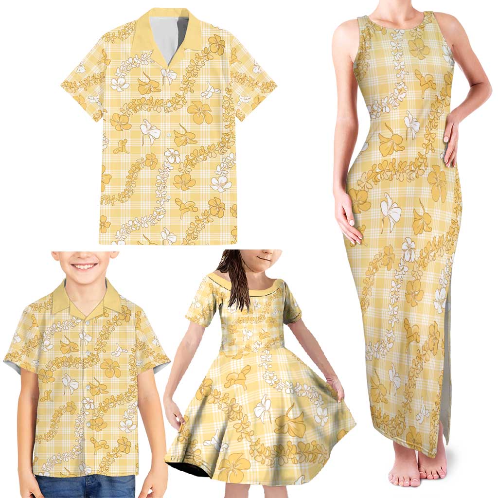 Melemele Aloha Hawaii Family Matching Tank Maxi Dress and Hawaiian Shirt Plumeria Lei With Palaka Motif - Polynesian Pride
