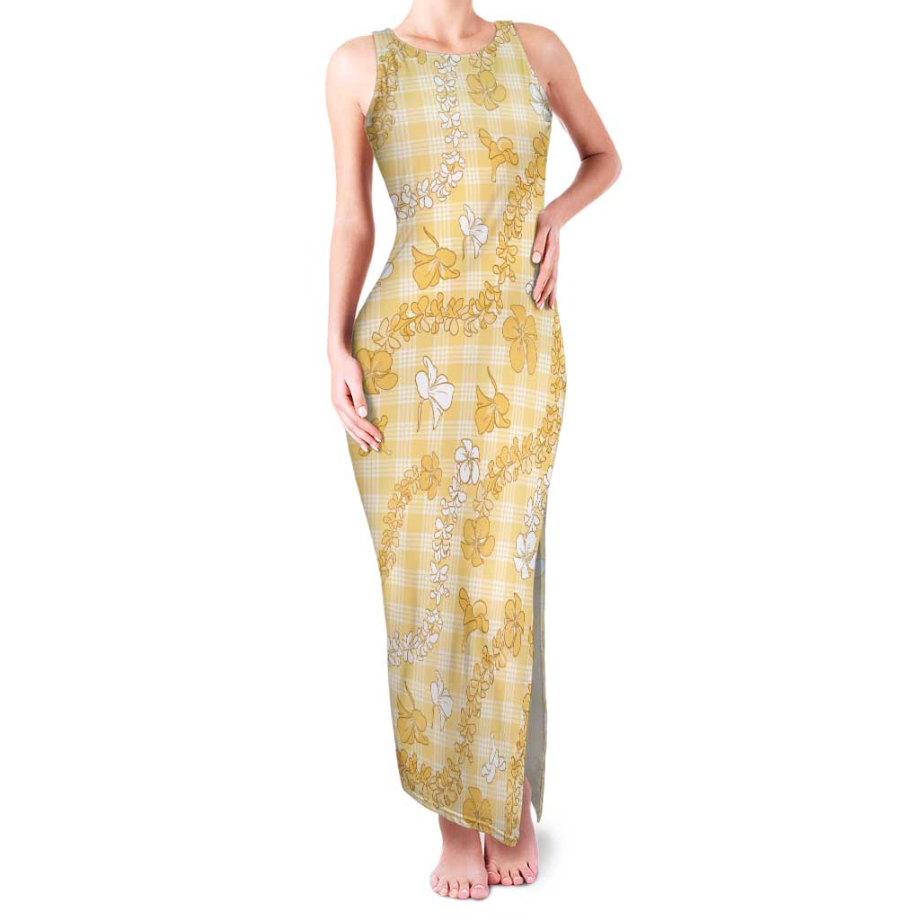 Melemele Aloha Hawaii Family Matching Tank Maxi Dress and Hawaiian Shirt Plumeria Lei With Palaka Motif LT14 Mom's Dress Yellow - Polynesian Pride