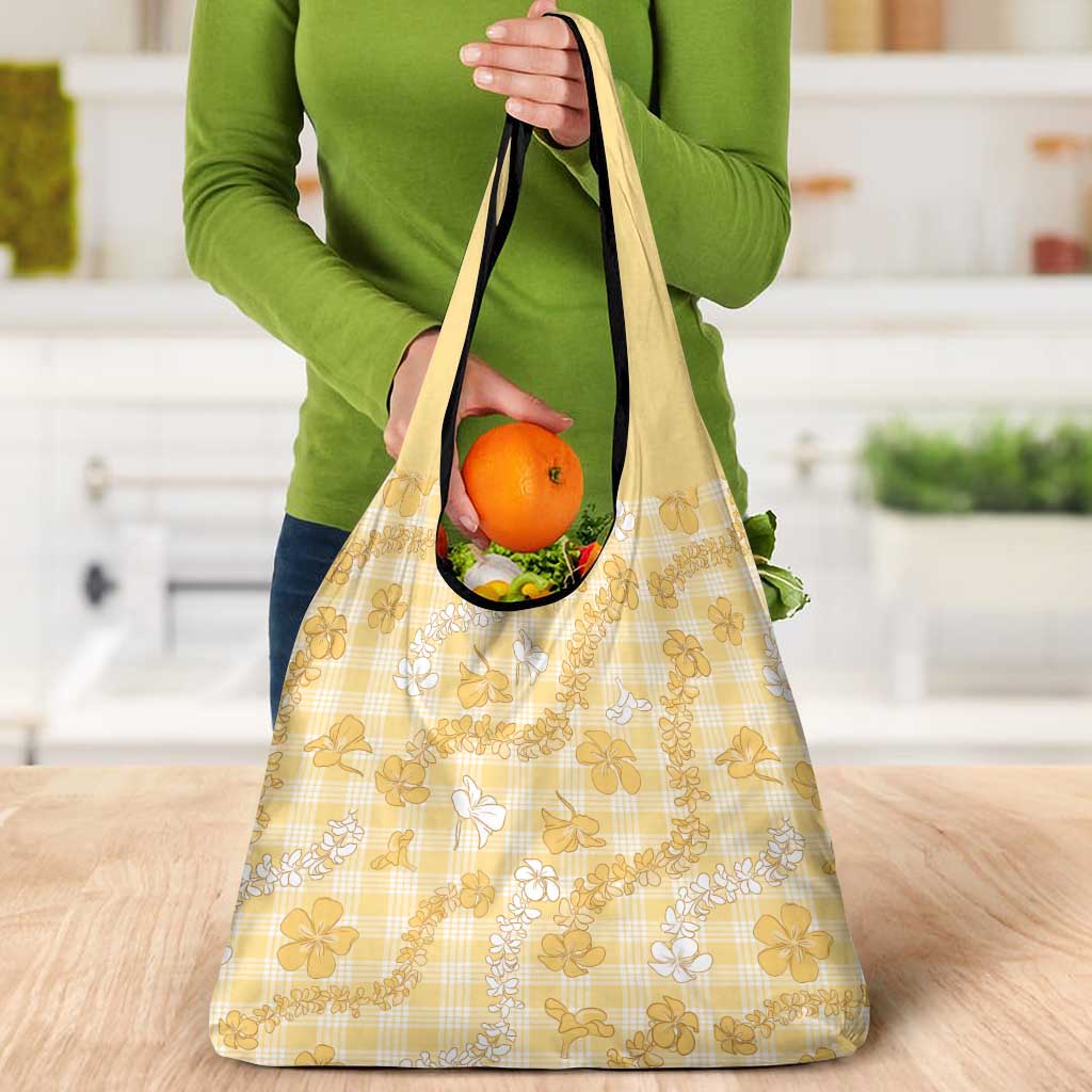 Melemele Aloha Hawaii Grocery Bag Plumeria Lei With Palaka Motif - Polynesian Pride