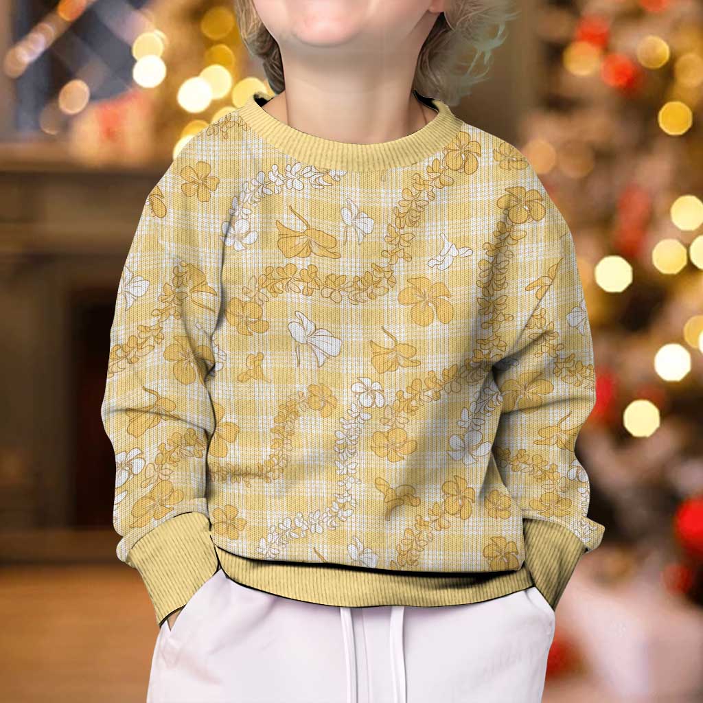 Melemele Aloha Hawaii Kid Ugly Christmas Sweater Plumeria Lei With Palaka Motif - Polynesian Pride