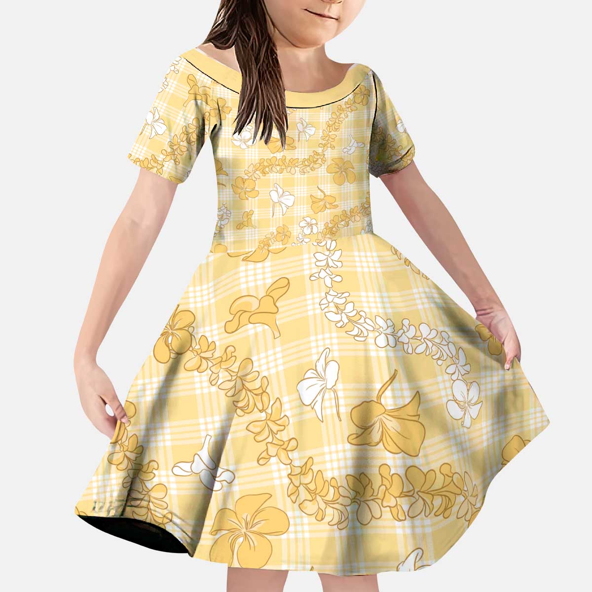 Melemele Aloha Hawaii Kid Short Sleeve Dress Plumeria Lei With Palaka Motif LT14 KID Yellow - Polynesian Pride