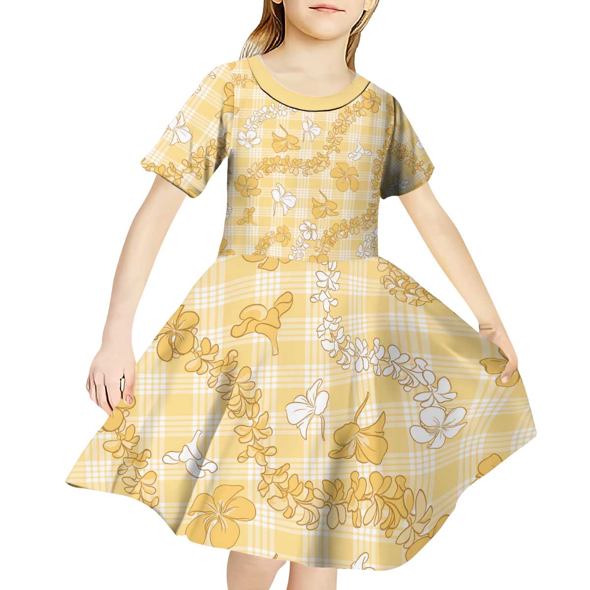 Melemele Aloha Hawaii Kid Short Sleeve Dress Plumeria Lei With Palaka Motif LT14 - Polynesian Pride
