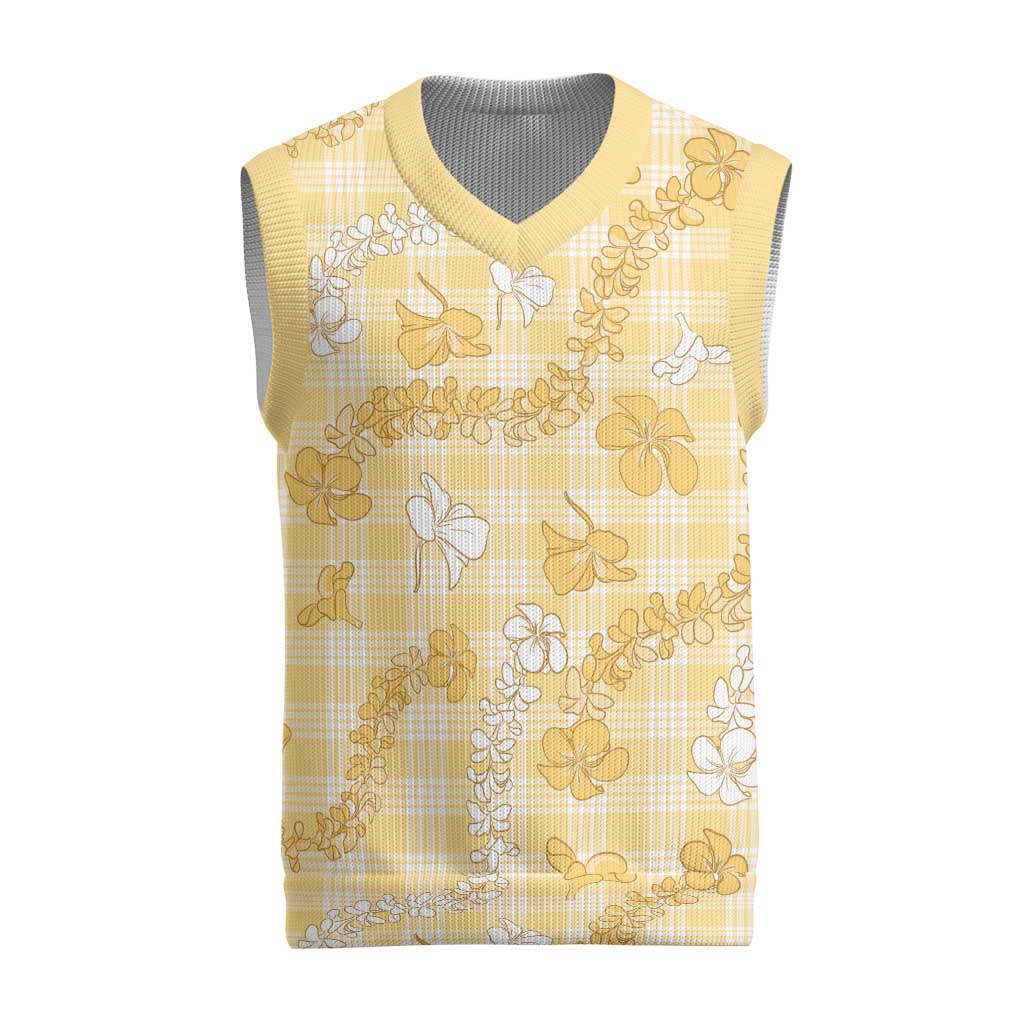 Melemele Aloha Hawaii Christmas Knitted V-Neck Vest Plumeria Lei With Palaka Motif LT14 Yellow - Polynesian Pride