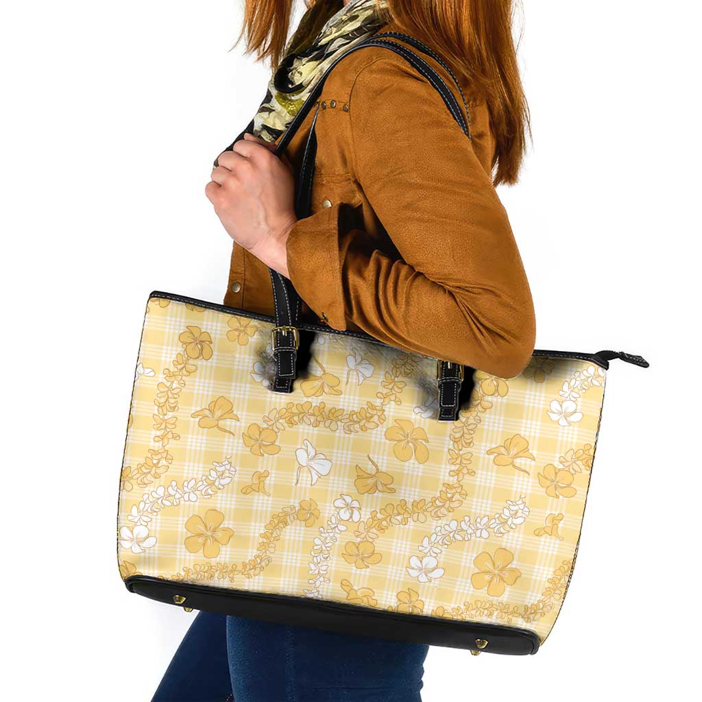 Melemele Aloha Hawaii Leather Tote Bag Plumeria Lei With Palaka Motif - Polynesian Pride