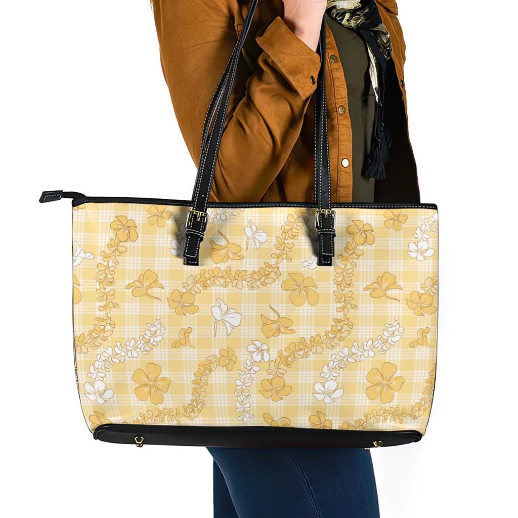Melemele Aloha Hawaii Leather Tote Bag Plumeria Lei With Palaka Motif - Polynesian Pride