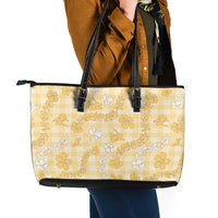 Melemele Aloha Hawaii Leather Tote Bag Plumeria Lei With Palaka Motif - Polynesian Pride