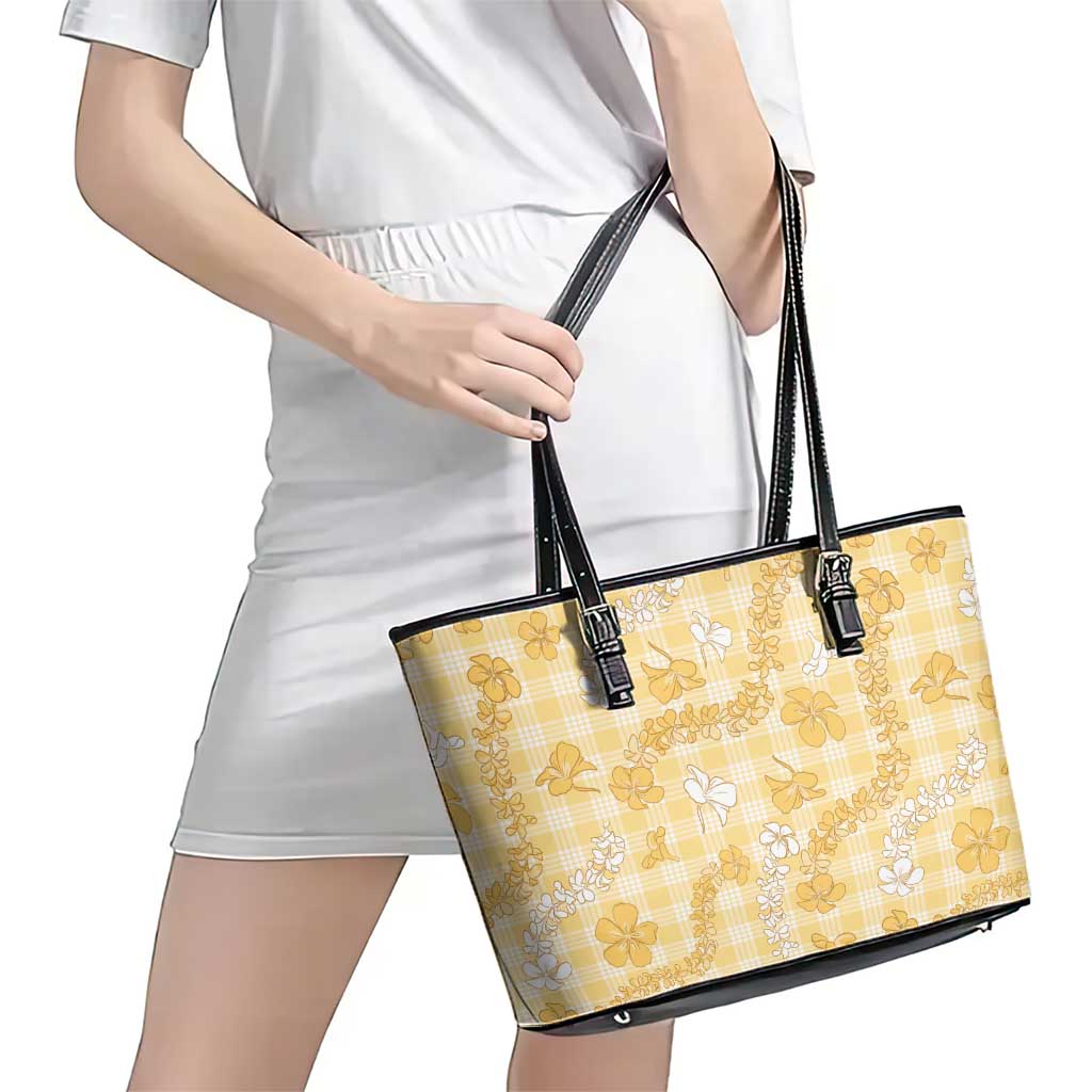 Melemele Aloha Hawaii Leather Tote Bag Plumeria Lei With Palaka Motif - Polynesian Pride