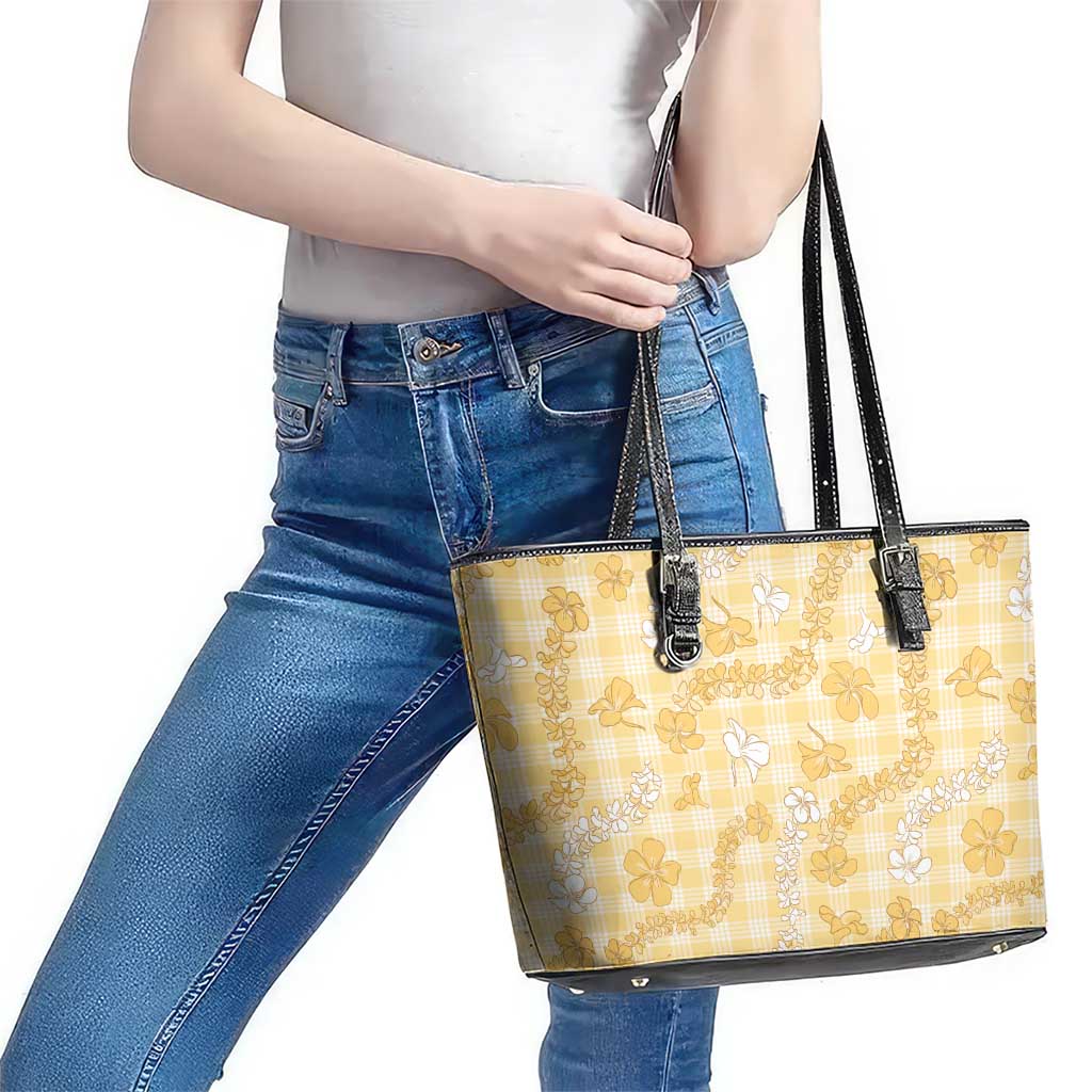 Melemele Aloha Hawaii Leather Tote Bag Plumeria Lei With Palaka Motif - Polynesian Pride