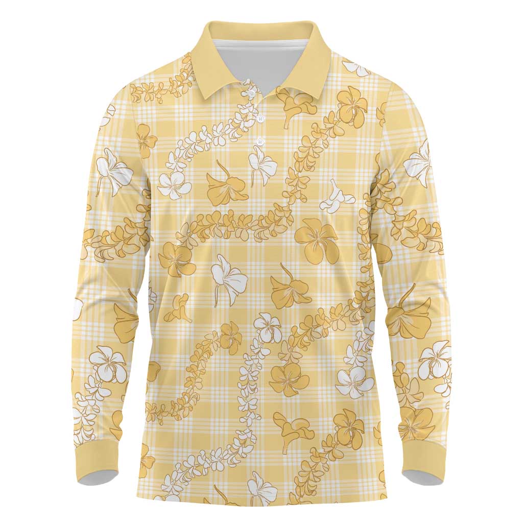 Melemele Aloha Hawaii Long Sleeve Polo Shirt Plumeria Lei With Palaka Motif LT14 Yellow - Polynesian Pride
