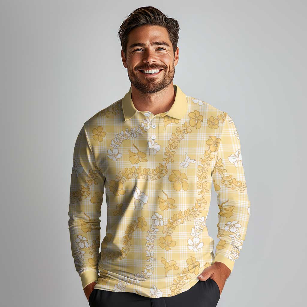 Melemele Aloha Hawaii Long Sleeve Polo Shirt Plumeria Lei With Palaka Motif LT14 - Polynesian Pride