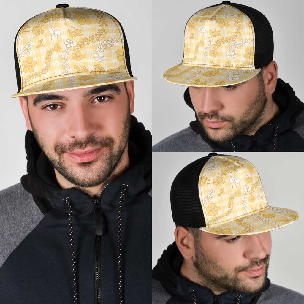 Melemele Aloha Hawaii Mesh Trucker Cap Plumeria Lei With Palaka Motif - Polynesian Pride