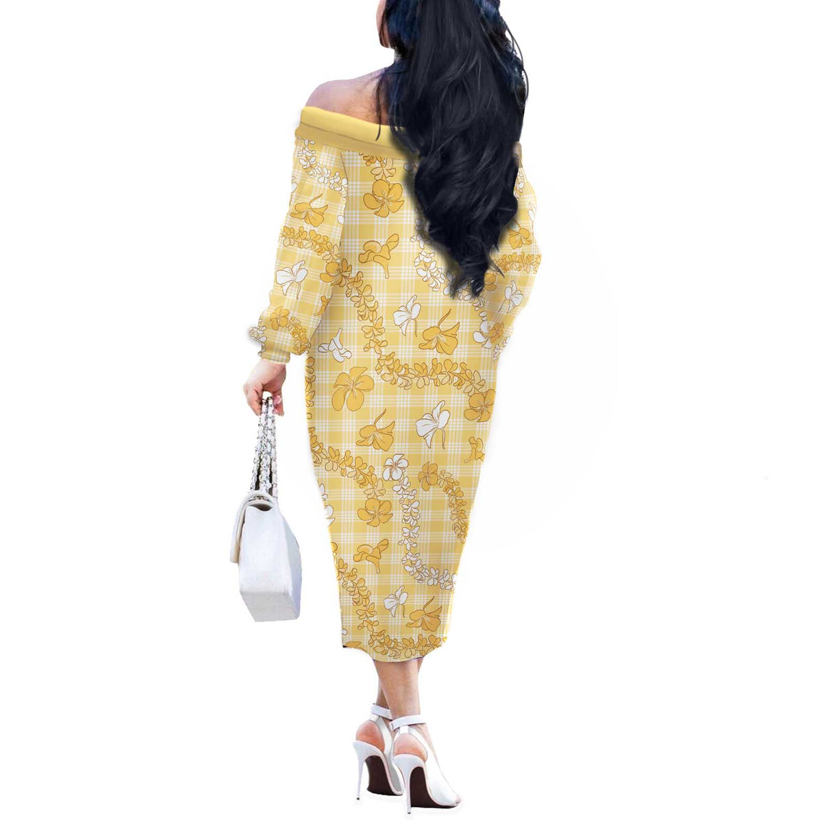 Melemele Aloha Hawaii Off The Shoulder Long Sleeve Dress Plumeria Lei With Palaka Motif LT14 - Polynesian Pride