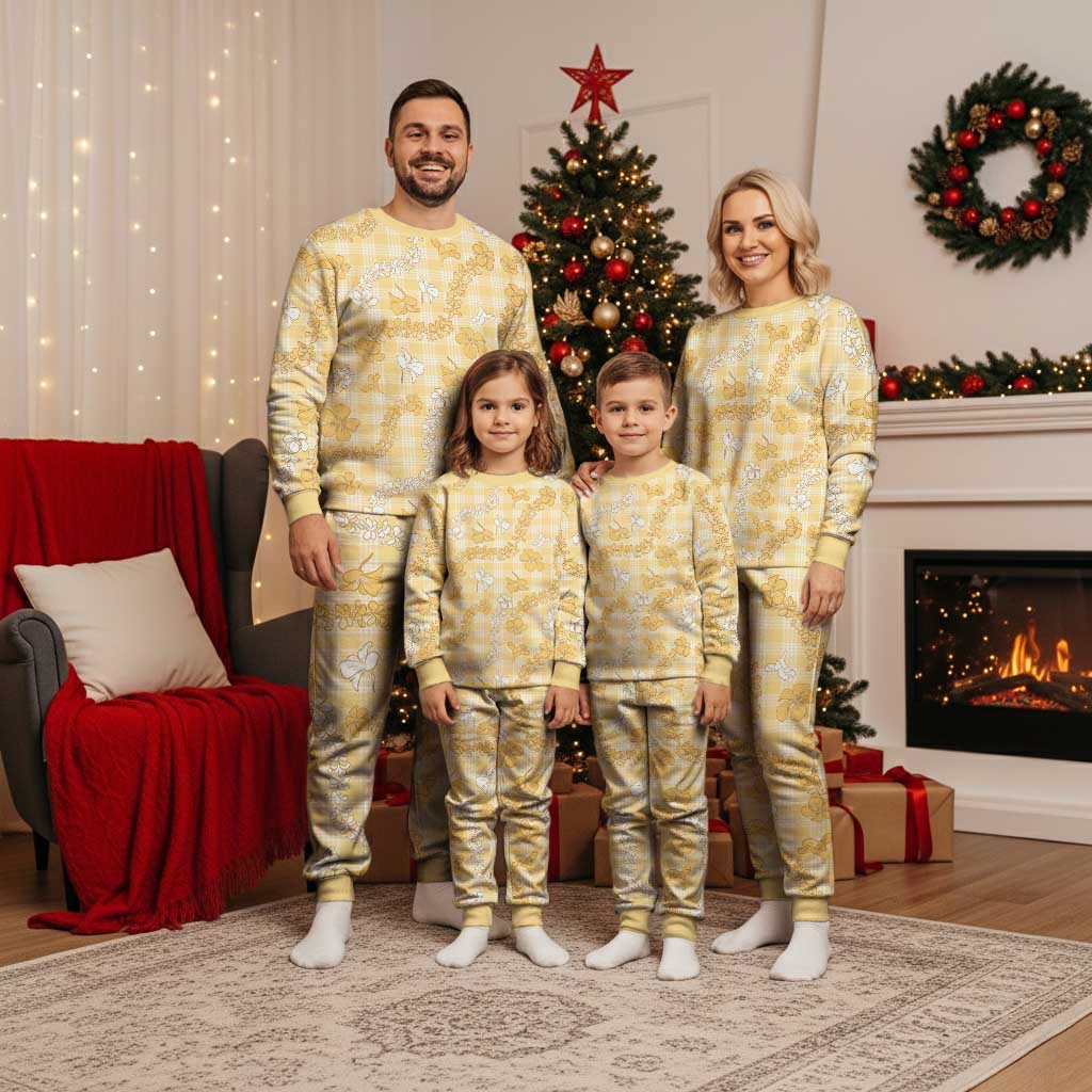 Melemele Aloha Hawaii Christmas Pajama Set Plumeria Lei With Palaka Motif - Polynesian Pride
