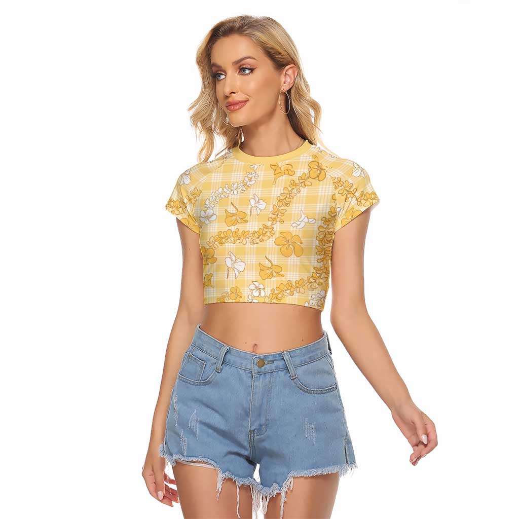 Melemele Aloha Hawaii Raglan Cropped T Shirt Plumeria Lei With Palaka Motif LT14 Female Yellow - Polynesian Pride