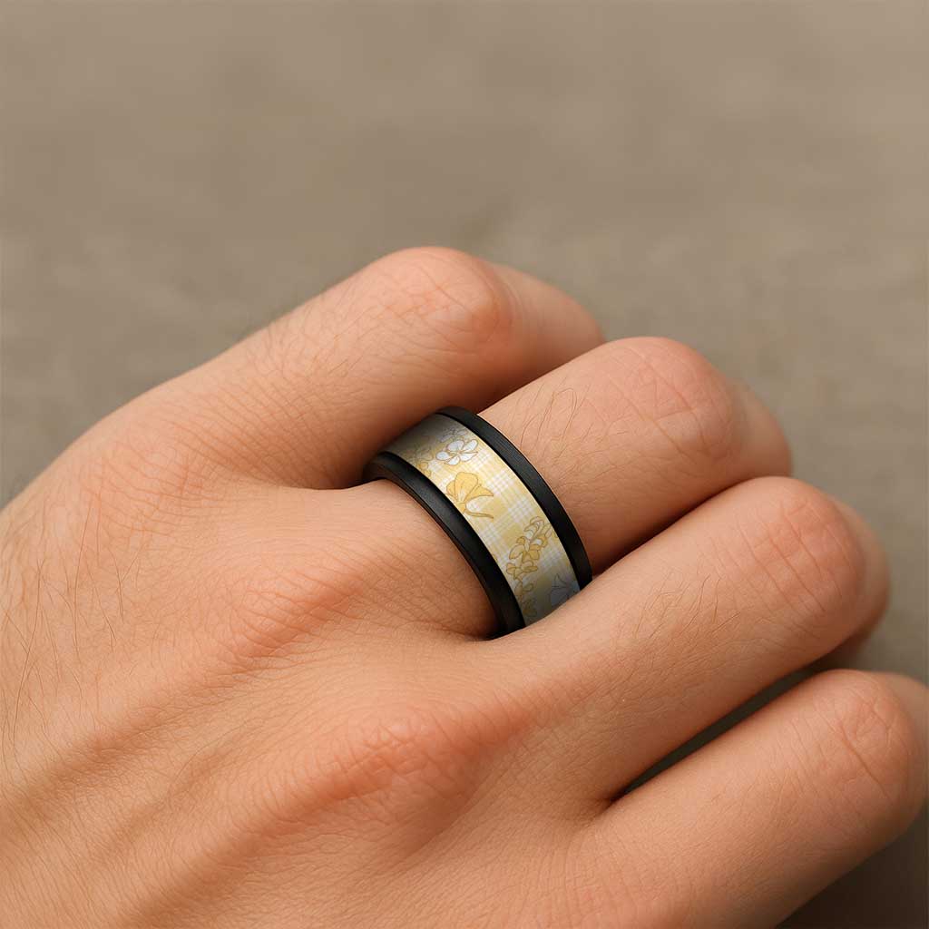 Melemele Aloha Hawaii Spinner Ring Plumeria Lei With Palaka Motif - Polynesian Pride