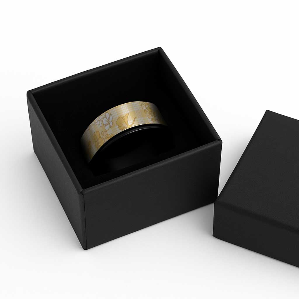 Melemele Aloha Hawaii Spinner Ring Plumeria Lei With Palaka Motif - Polynesian Pride