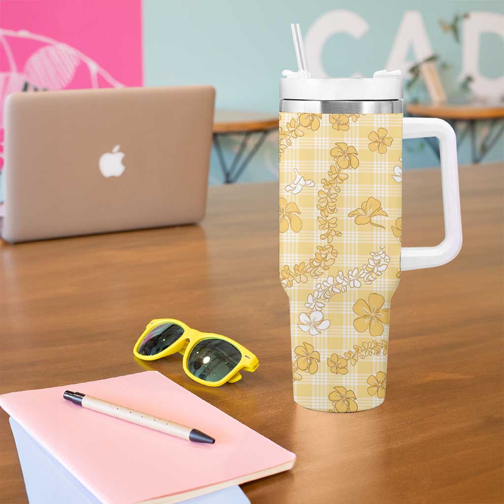 Melemele Aloha Hawaii Tumbler With Handle Plumeria Lei With Palaka Motif - Polynesian Pride
