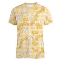 Melemele Aloha Hawaii Women V-Neck T-Shirt Plumeria Lei With Palaka Motif LT14 Female Yellow - Polynesian Pride