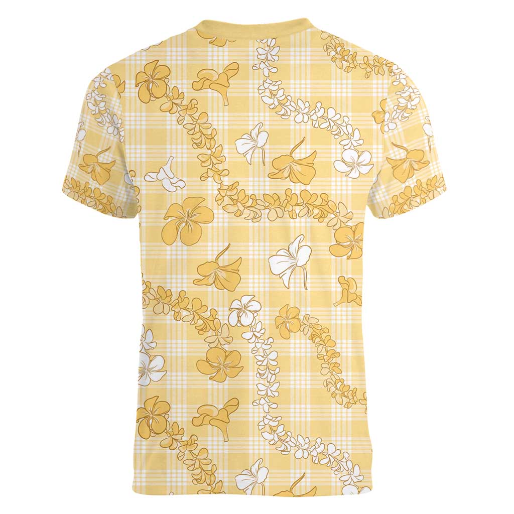 Melemele Aloha Hawaii Women V-Neck T-Shirt Plumeria Lei With Palaka Motif LT14 - Polynesian Pride
