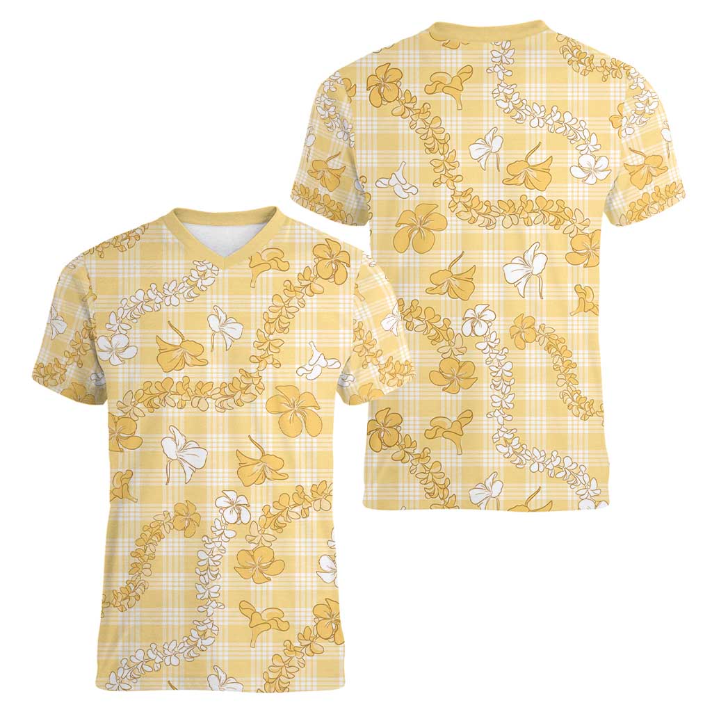 Melemele Aloha Hawaii Women V-Neck T-Shirt Plumeria Lei With Palaka Motif LT14 - Polynesian Pride