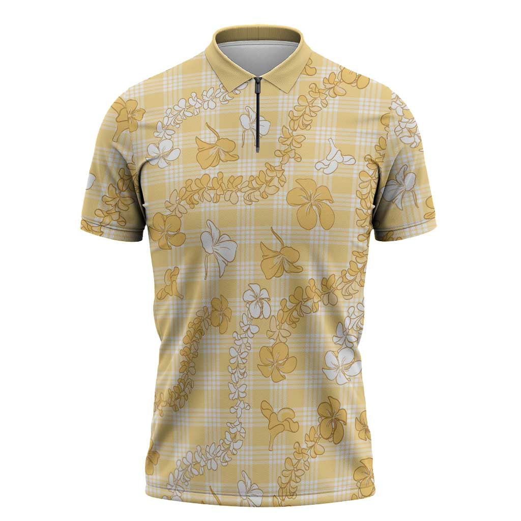Melemele Aloha Hawaii Zipper Polo Shirt Plumeria Lei With Palaka Motif LT14 Yellow - Polynesian Pride