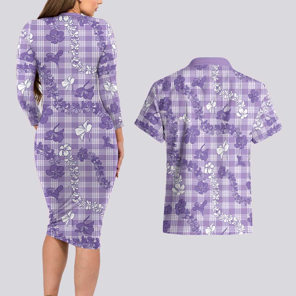 Poni Aloha Hawaii Couples Matching Long Sleeve Bodycon Dress and Hawaiian Shirt Plumeria Lei With Palaka Motif LT14 - Polynesian Pride