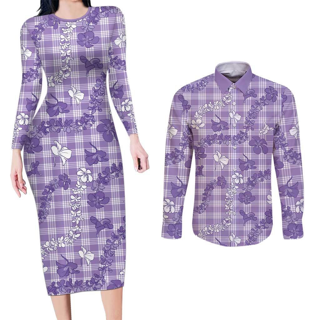 Poni Aloha Hawaii Couples Matching Long Sleeve Bodycon Dress and Long Sleeve Button Shirt Plumeria Lei With Palaka Motif LT14 Purple - Polynesian Pride
