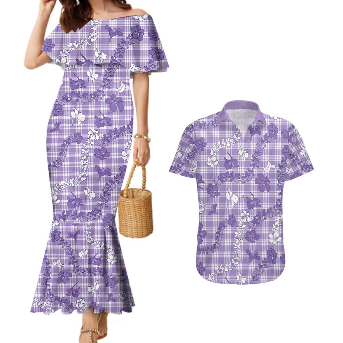 Poni Aloha Hawaii Couples Matching Mermaid Dress and Hawaiian Shirt Plumeria Lei With Palaka Motif LT14 Purple - Polynesian Pride