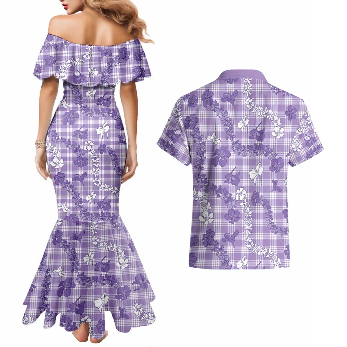 Poni Aloha Hawaii Couples Matching Mermaid Dress and Hawaiian Shirt Plumeria Lei With Palaka Motif LT14 - Polynesian Pride
