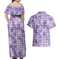 Poni Aloha Hawaii Couples Matching Off Shoulder Maxi Dress and Hawaiian Shirt Plumeria Lei With Palaka Motif LT14 - Polynesian Pride