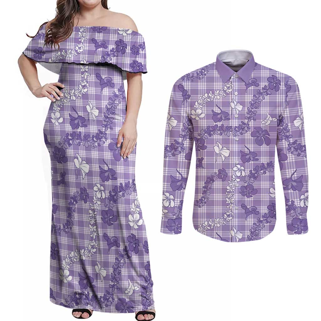 Poni Aloha Hawaii Couples Matching Off Shoulder Maxi Dress and Long Sleeve Button Shirt Plumeria Lei With Palaka Motif LT14 Purple - Polynesian Pride