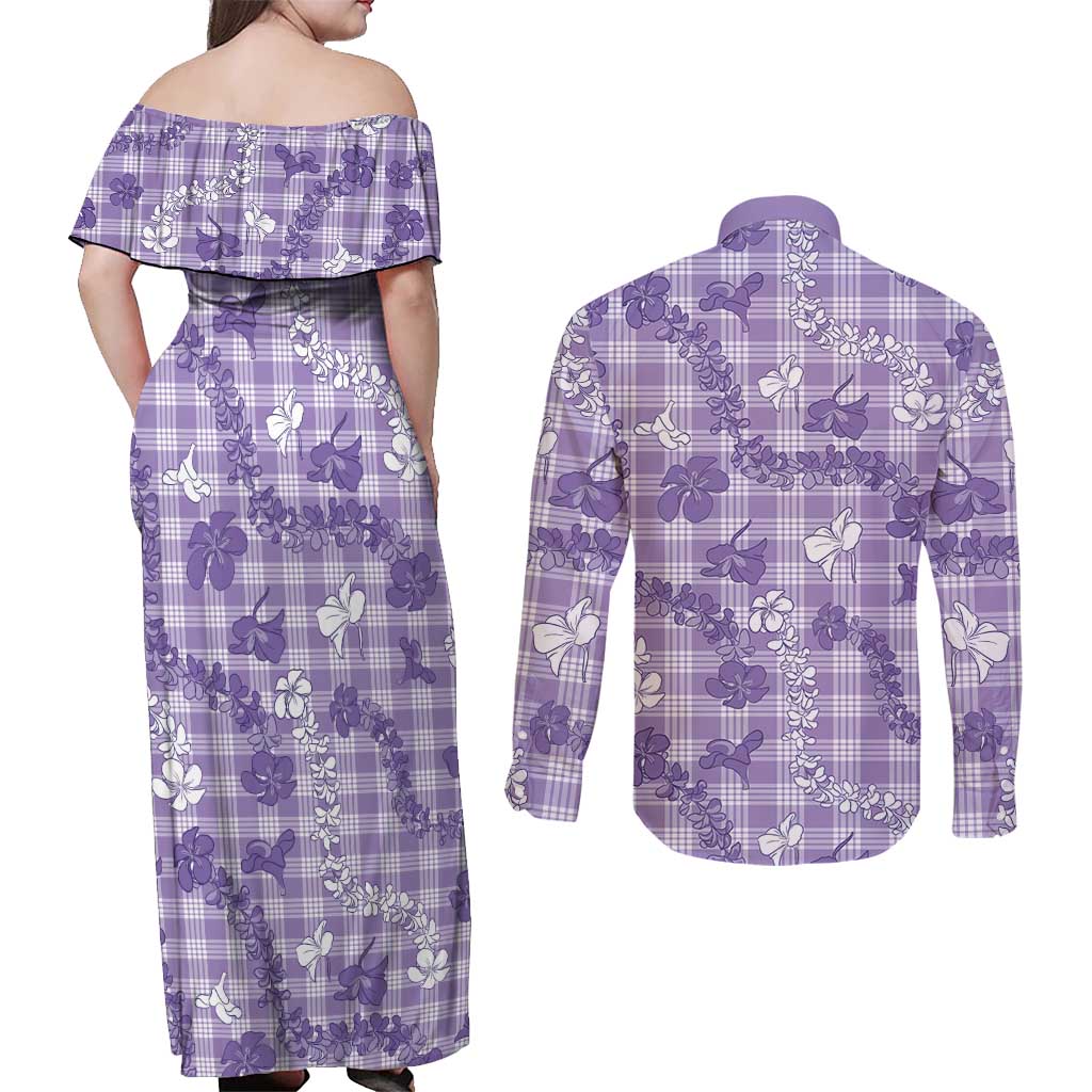 Poni Aloha Hawaii Couples Matching Off Shoulder Maxi Dress and Long Sleeve Button Shirt Plumeria Lei With Palaka Motif LT14 - Polynesian Pride