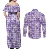 Poni Aloha Hawaii Couples Matching Off Shoulder Maxi Dress and Long Sleeve Button Shirt Plumeria Lei With Palaka Motif LT14 - Polynesian Pride