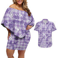 Poni Aloha Hawaii Couples Matching Off Shoulder Short Dress and Hawaiian Shirt Plumeria Lei With Palaka Motif LT14 Purple - Polynesian Pride