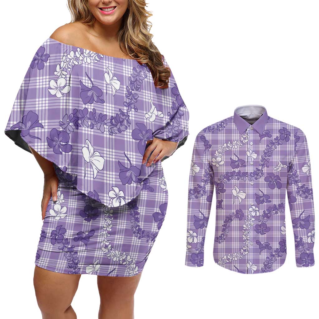Poni Aloha Hawaii Couples Matching Off Shoulder Short Dress and Long Sleeve Button Shirt Plumeria Lei With Palaka Motif LT14 Purple - Polynesian Pride